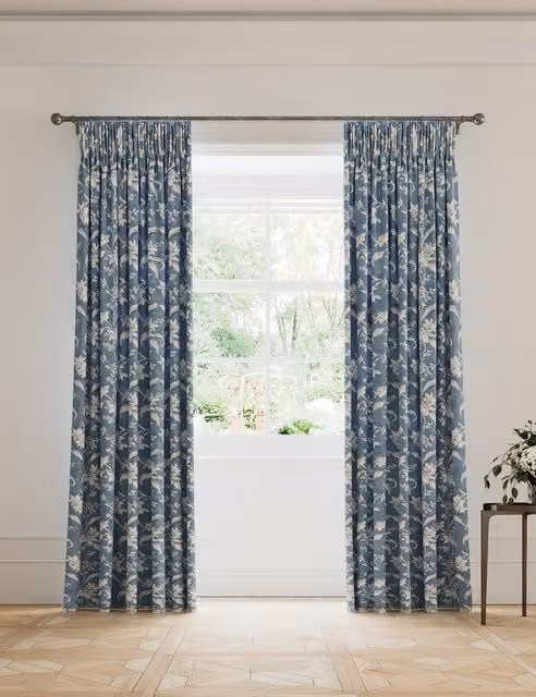 V&A Daffodil Blue Mix Floral Pure Cotton Pencil Pleat Blackout Curtains