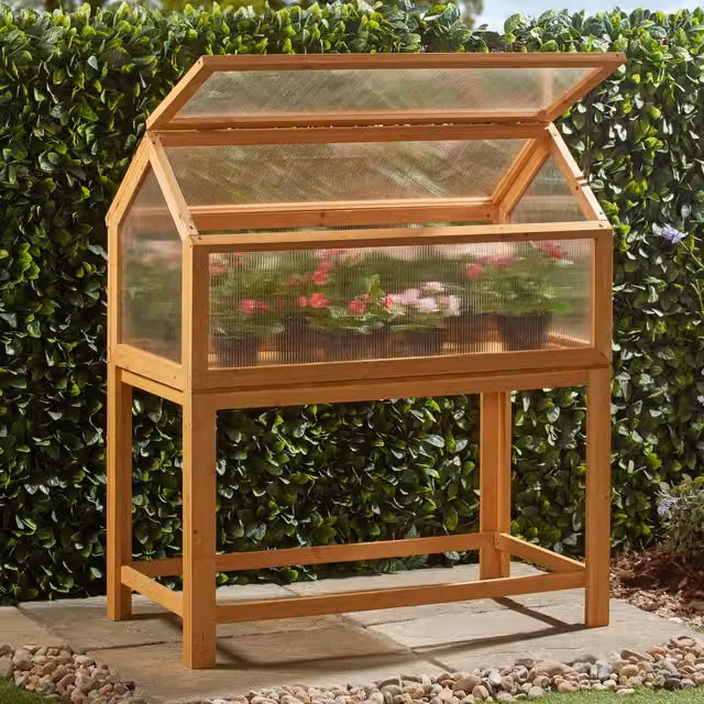 Garden Gear Brown Raised Wooden Cold Frame with Polycarbonate Gable Lid and Telescopic Legs