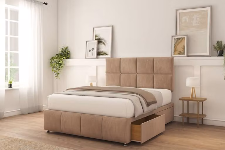 Sloomy Brington Plush Divan Bed Set with 2 Drawers and 26 inch Strutted Headboard in Light Brown, Small Single, W/D/H: 80 x 190 cm