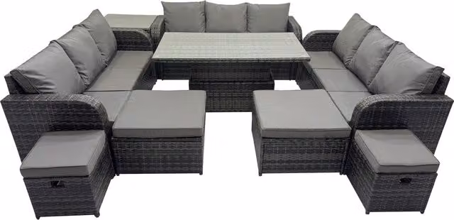 Fimous 13-Seater PE Rattan Garden Sofa Set with Height-Adjustable Table in Dark Grey Mixed
