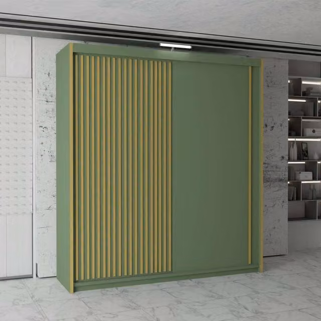 MN Furniture Modern Sliding Wardrobe with Integrated LED Lighting and Gold Strips in Green, W: 150 cm, H: 217 cm