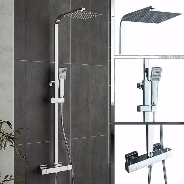 VOGREX Silver Chrome Brass Thermostatic Exposed Shower Mixer Twin Head Rain Bar Set – 1