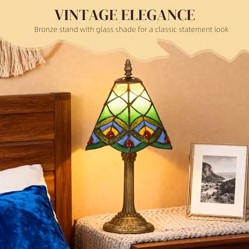 HOMCOM Tiffany-Style Table Lamp with Geometric Glass Patterns in Green and Bronze, E27 Socket – 3