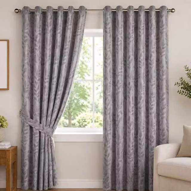 Luxury Living Jacquard Leaf Ring Top Curtains in Silver, Width: 168 cm, Drop: 229 cm
