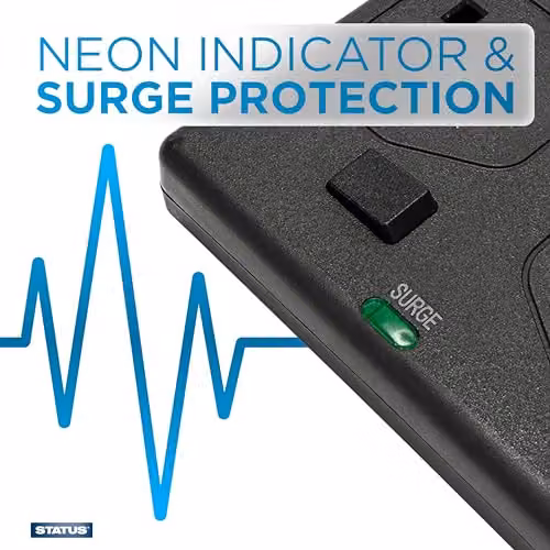 Status 8 Way Surge Protected Extension Lead with Individual Switches and Neon Indicators, Black, 2m – 6