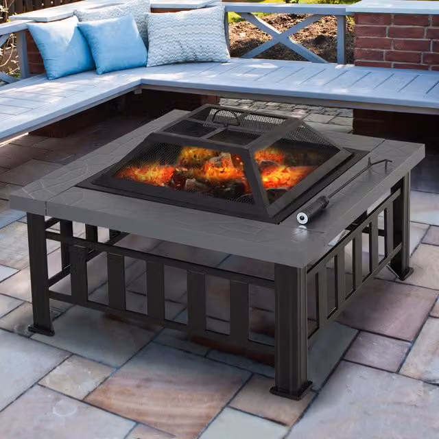 Outsunny Black Square Fire Pit Heater Enclosure Fire Table