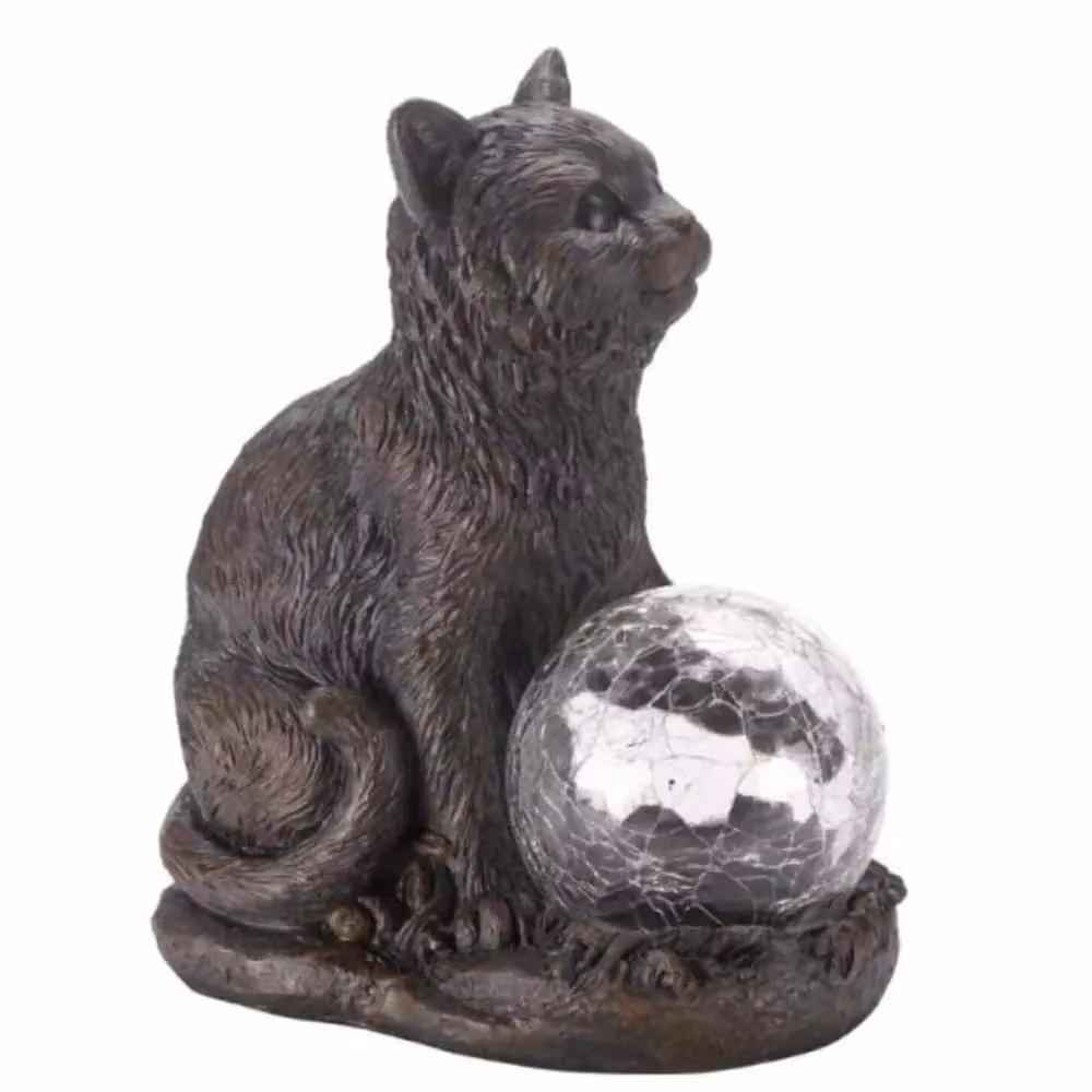Marco Paul Grey Resin Cat Solar Powered Garden Ornament with Crystal Ball LED Light – 3