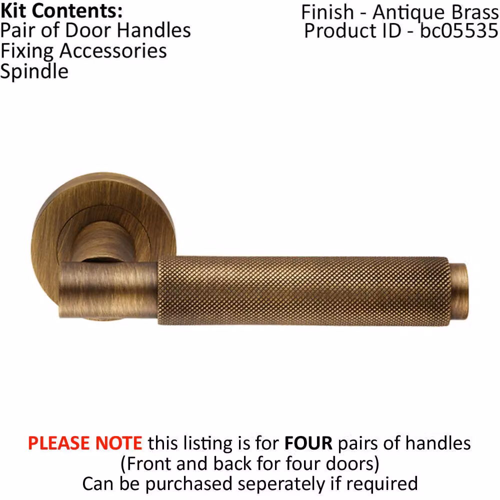 Loops 4x Pair Knurled Grip Round Bar Handles with Round Rose in Antique Brass – 2
