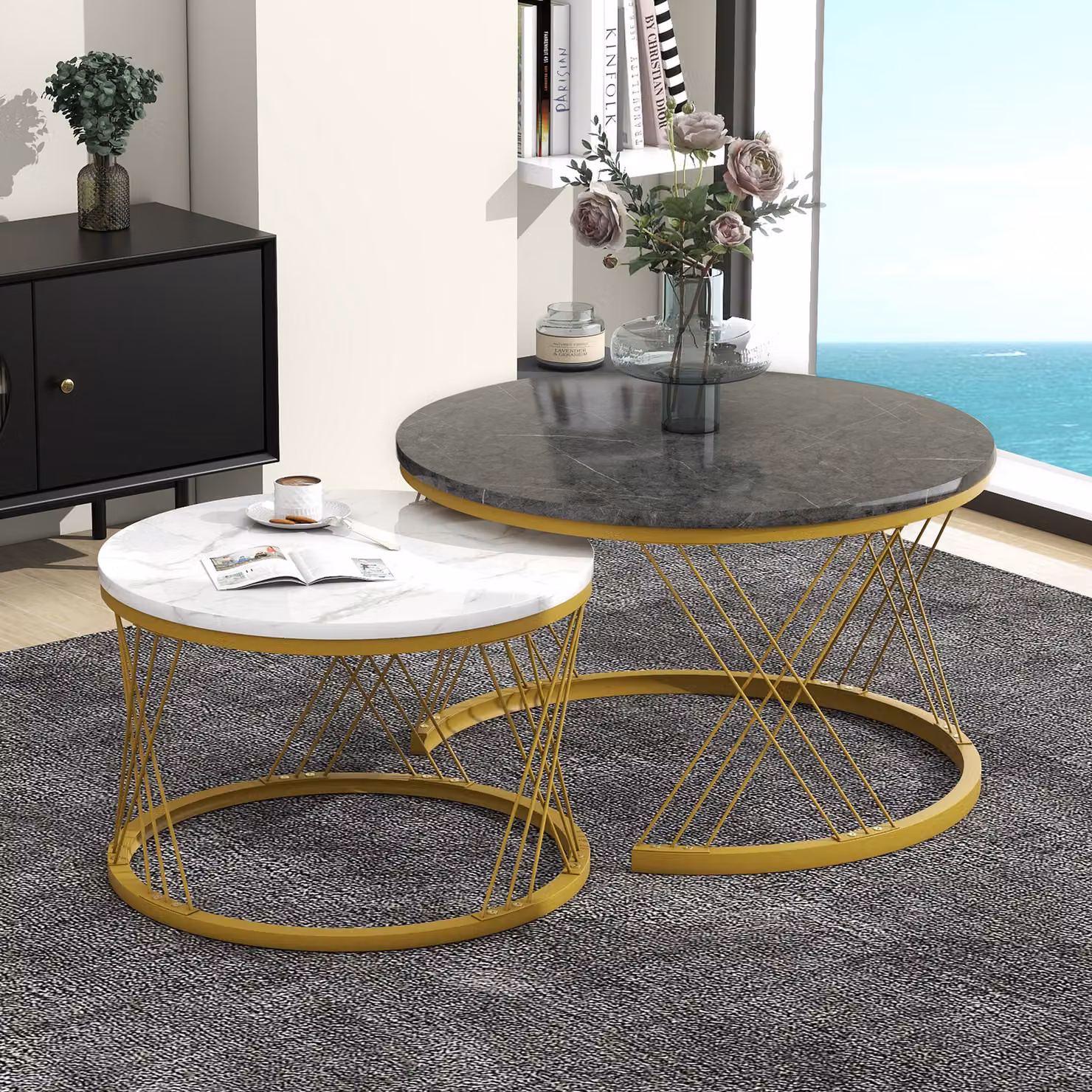 Aosom.UK Set of 2 Modern Round Nesting Marble Coffee Tables with Metal Frame, Grey and Gold, W/D/H: 70 x 70 x 45 cm – 4