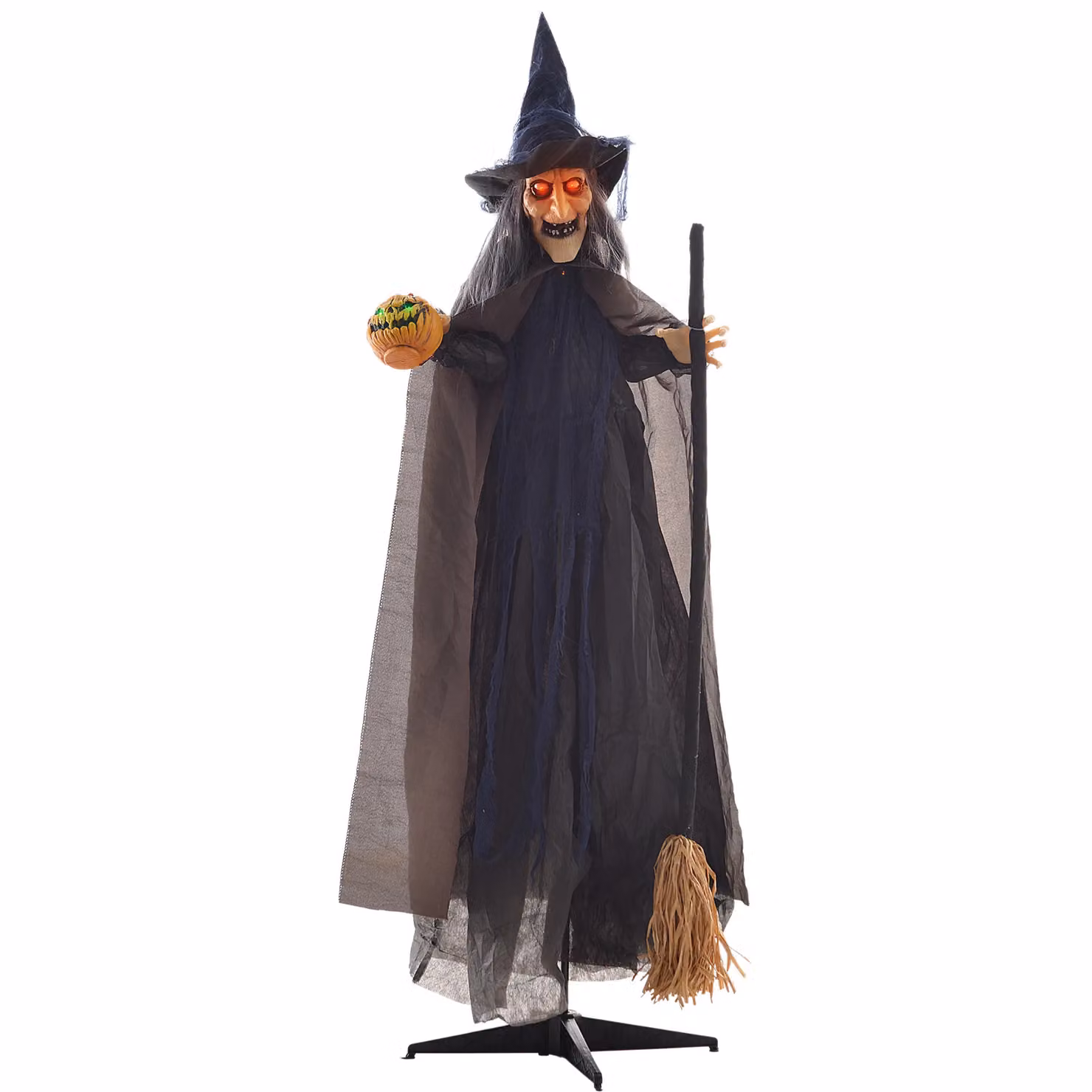 HOMCOM Halloween Witch with Broomstick Animatronic Prop with Light Up Eyes in Brown – 2