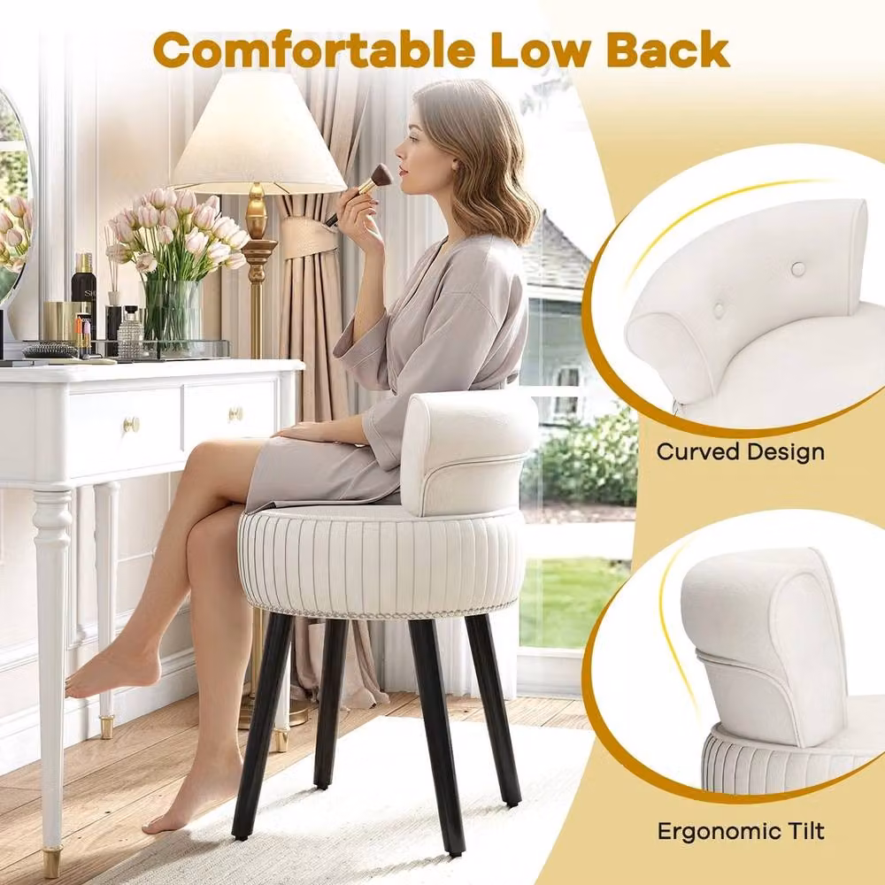 Ventryn Upholstered Tufted Low Back Vanity Stool with Rubberwood Legs in White – 2