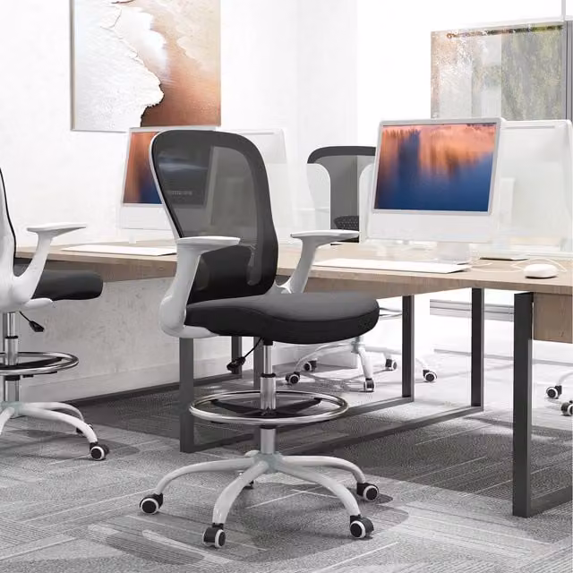 HOMCOM Ergonomic Drafting Chair with Flip-up Armrests and Foot Ring in Black and White