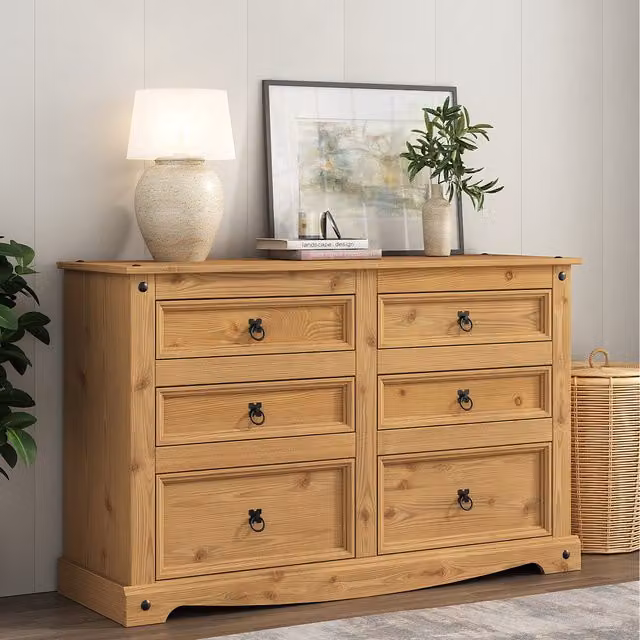 Mews Rustic Waxed Pine 6 Drawer Chest of Drawers in Brown or Black