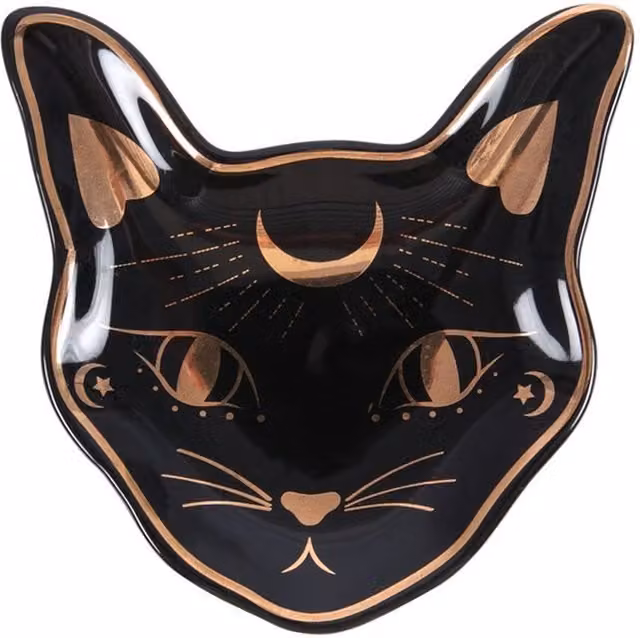 KDMK Organic Ceramic Mystic Cat Face Trinket Dish Bowl in Black and Gold