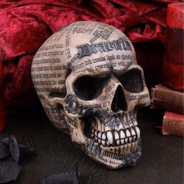 Nemesis Now Dracula's Tale Vampire Novel Quote Skull, White, Height: 18.5 cm