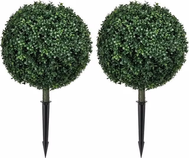 HOMCOM Set of 2 Green Artificial Ball Shaped Boxwood Topiary Trees with Ground Stakes – 1