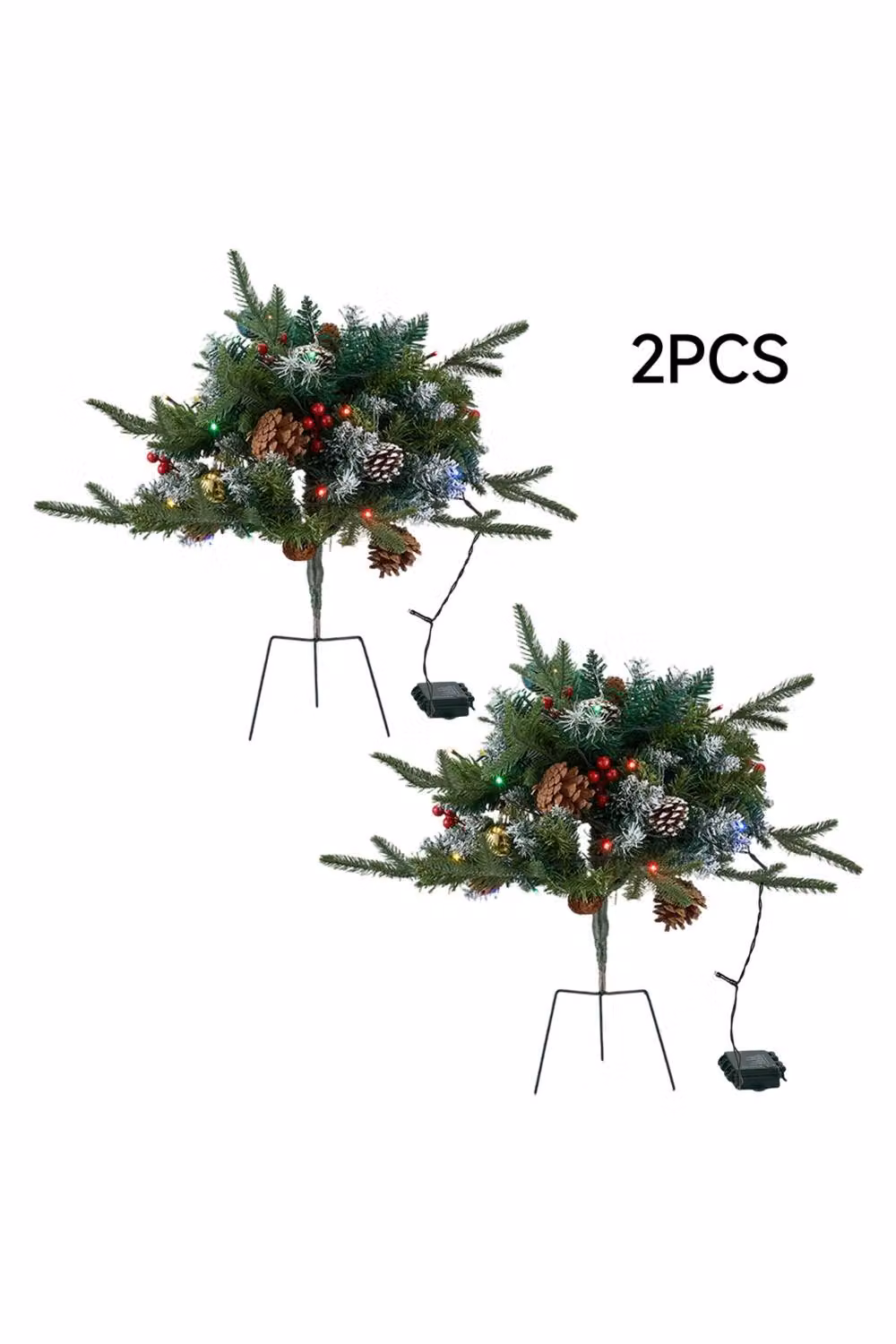 Living and Home Pre-Lit Artificial Christmas Planter Bushes in Green, White and Multicolour, Pack of 2 – 3