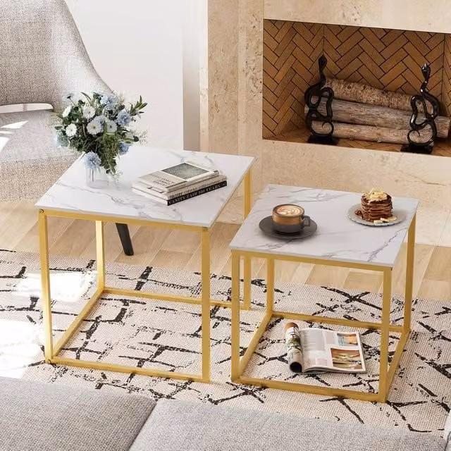 Huhote Set of 2 Nesting Side Tables with White Marble Finish Top and Gold Metal Frame – 1