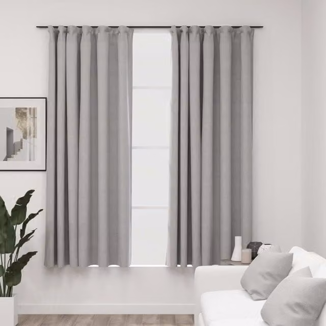 Berkfield Grey Linen-Look Blackout Curtains with Hooks, 2 Pack, W: 140 cm, H: 175 cm