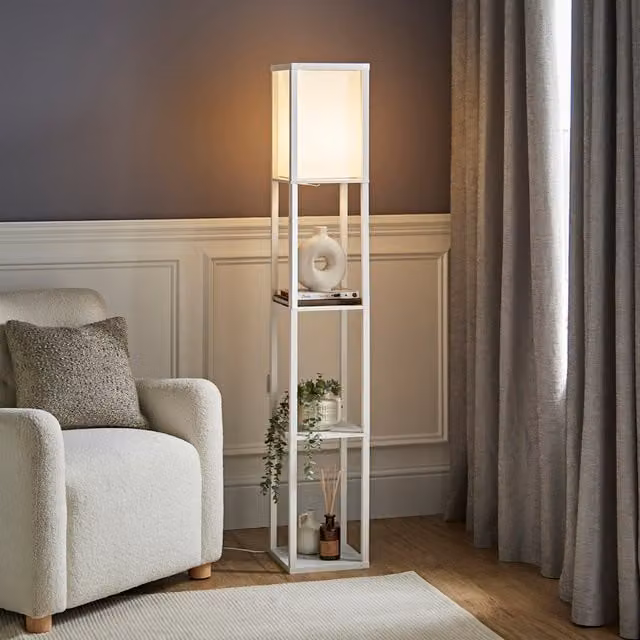ValueLights Struttura Shelving Unit Floor Lamp with White Fabric Shade