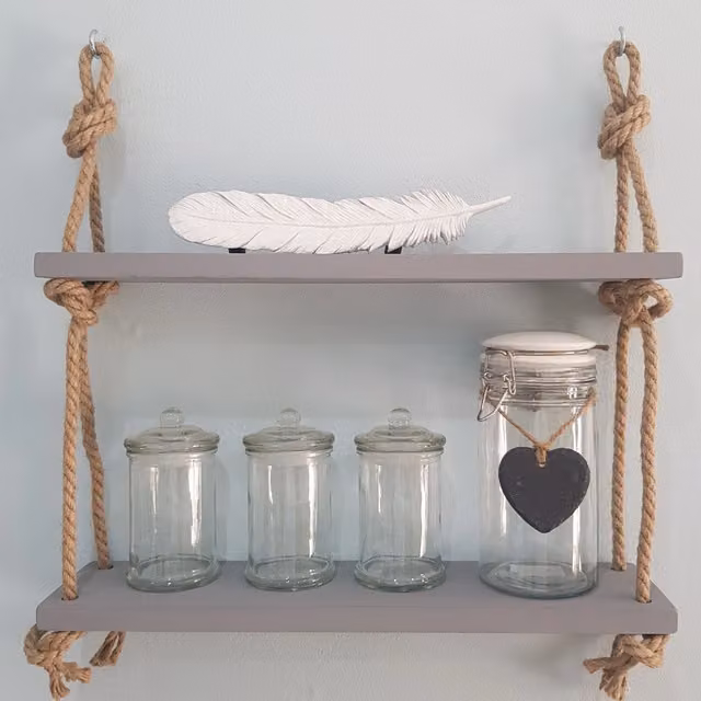 Borewood Two Tiered Grey Nordic Wooden Rope Wall Mounted Shelves, W: 70 cm