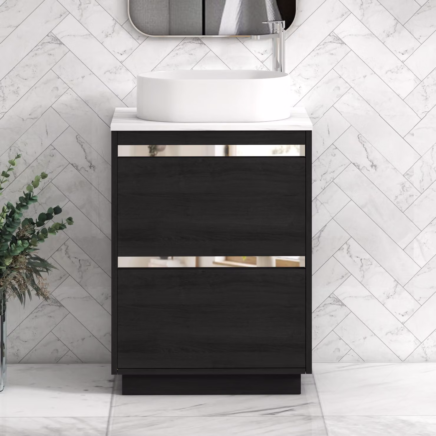 Royal Bathrooms Orion 800mm Hale Black Floor Standing Vanity Unit with Carrara White Countertop, 2 Drawers, Peak Basin and Chrome Accent Trim