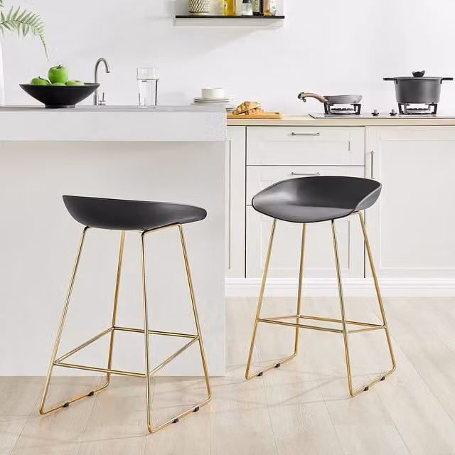 FurnitureboxUK Harper Kitchen Bar Stools Set of 2, Black Plastic Seats with Gold Metal Legs