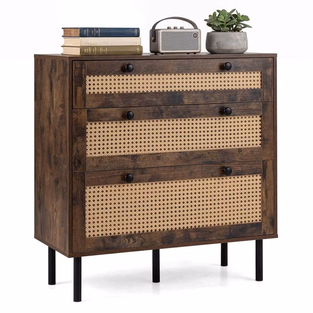 Gymax Boho Rattan Modern Chest of Drawers with 5 Metal Legs, Brown – 4