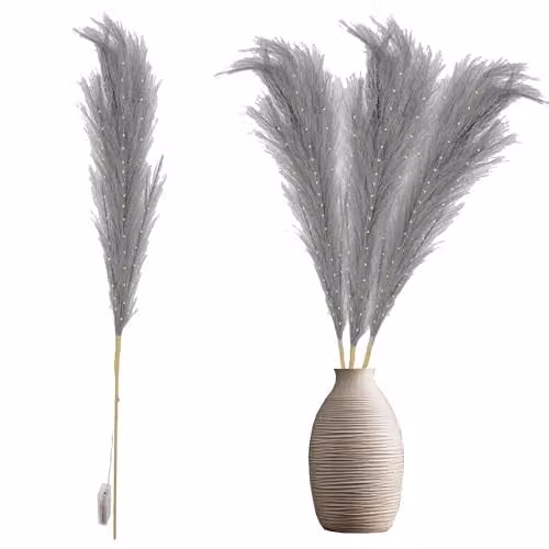 Shatchi Prelit Grey Pampas Grass Stem with Warm White LEDs, 100 cm – 1