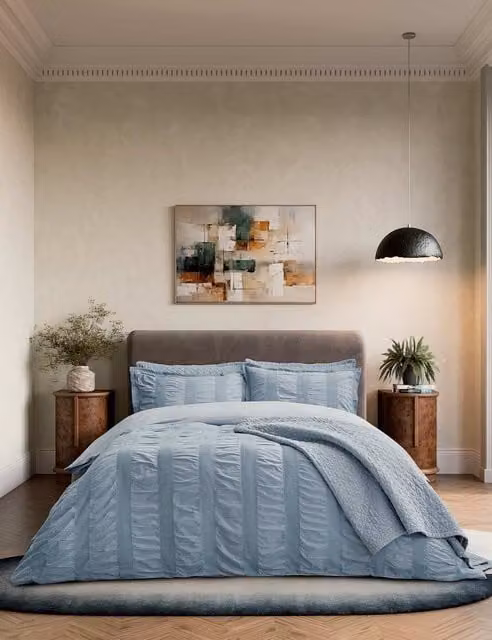 Bedeck of Belfast Pure Cotton Waffle Stripe Bedding Set with Pillowcase, Blue, W/D/H: 200 x 180 x 1 cm