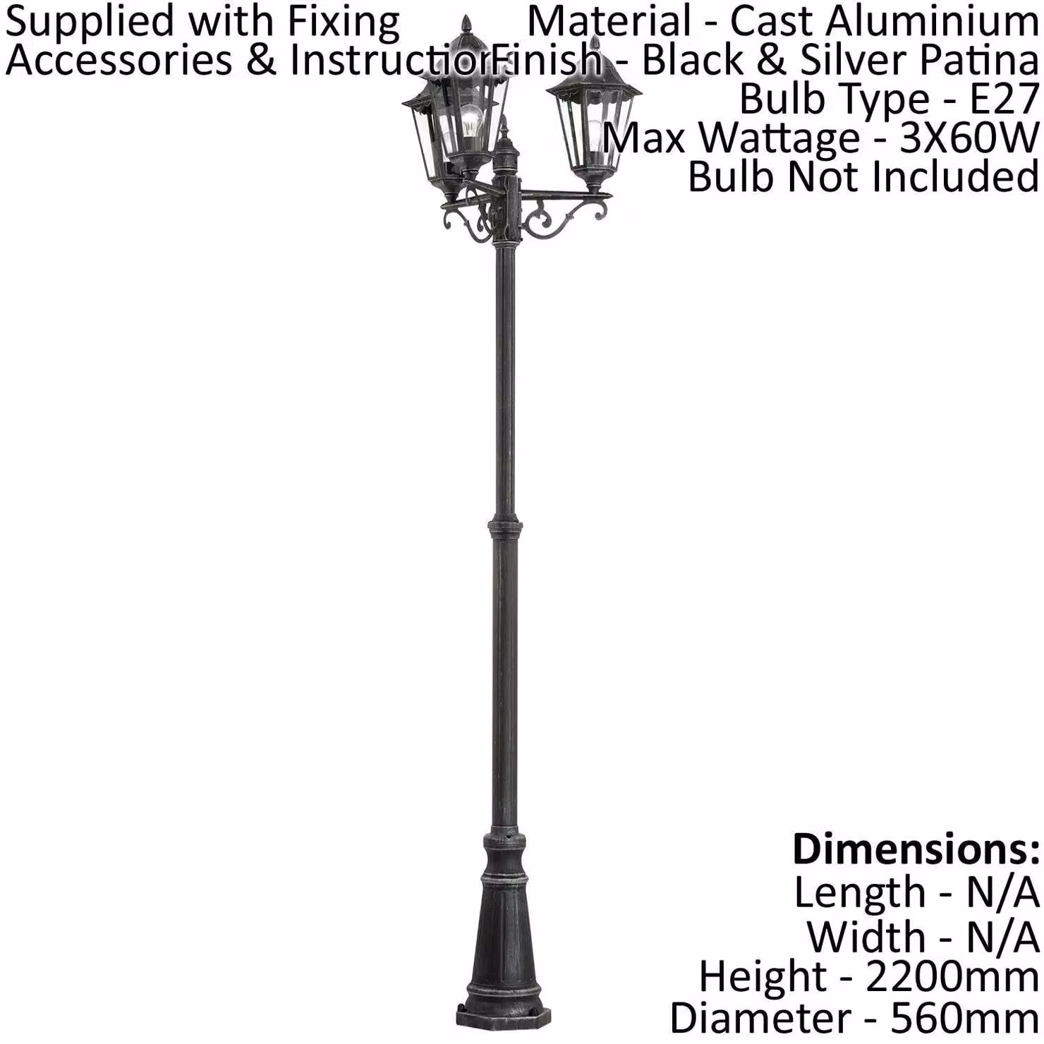 Loops IP44 Outdoor Aluminium Bollard Light in Black and Silver Patina for Garden use, 3 x E27 Bulb