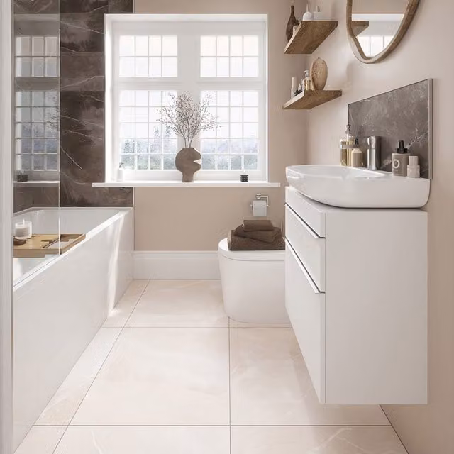 Johnson Tiles Melford Marble Effect Satin Rectified Floor and Wall Tile Sample in Light Beige