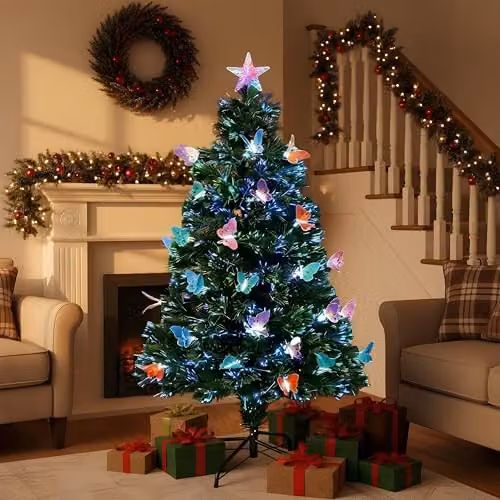 Shatchi 150 cm Green Fibre Optic Christmas Tree with Multicolour LED Butterfly Decorations and Star Topper – 3