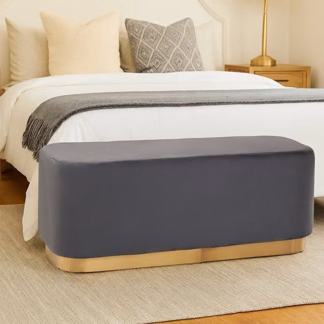 Orsina Grey Velvet Rectangle Stool with Gold Metal Base