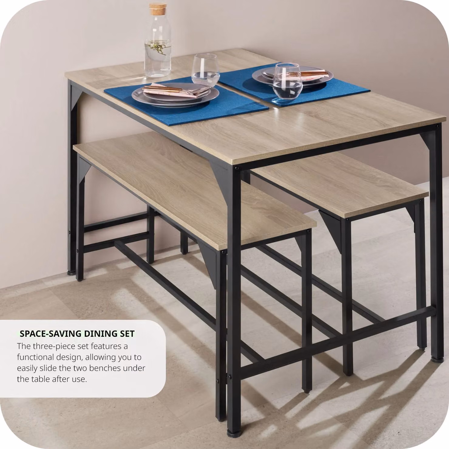 tectake Bolton 3-piece Dining Table Set with 2 Benches in Light Oak – 7