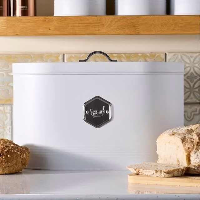 Cooks Professional Ventilated Metal Bread Bin with Loose Lid in White and Silver