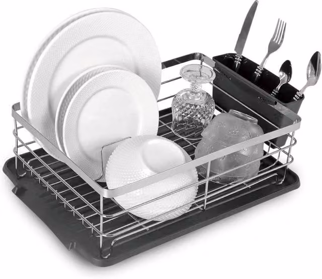 Top 3 Black Metal Kitchen Dish Rack Drainer with Utensil Holder and Removable Drip Tray, W: 44.0 cm, D: 32.0 cm, H: 14.5 cm