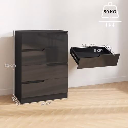 HOMCOM Modern 4-Drawer Dresser in High Gloss Black, W: 60 cm, D: 40 cm, H: 85 cm – 3