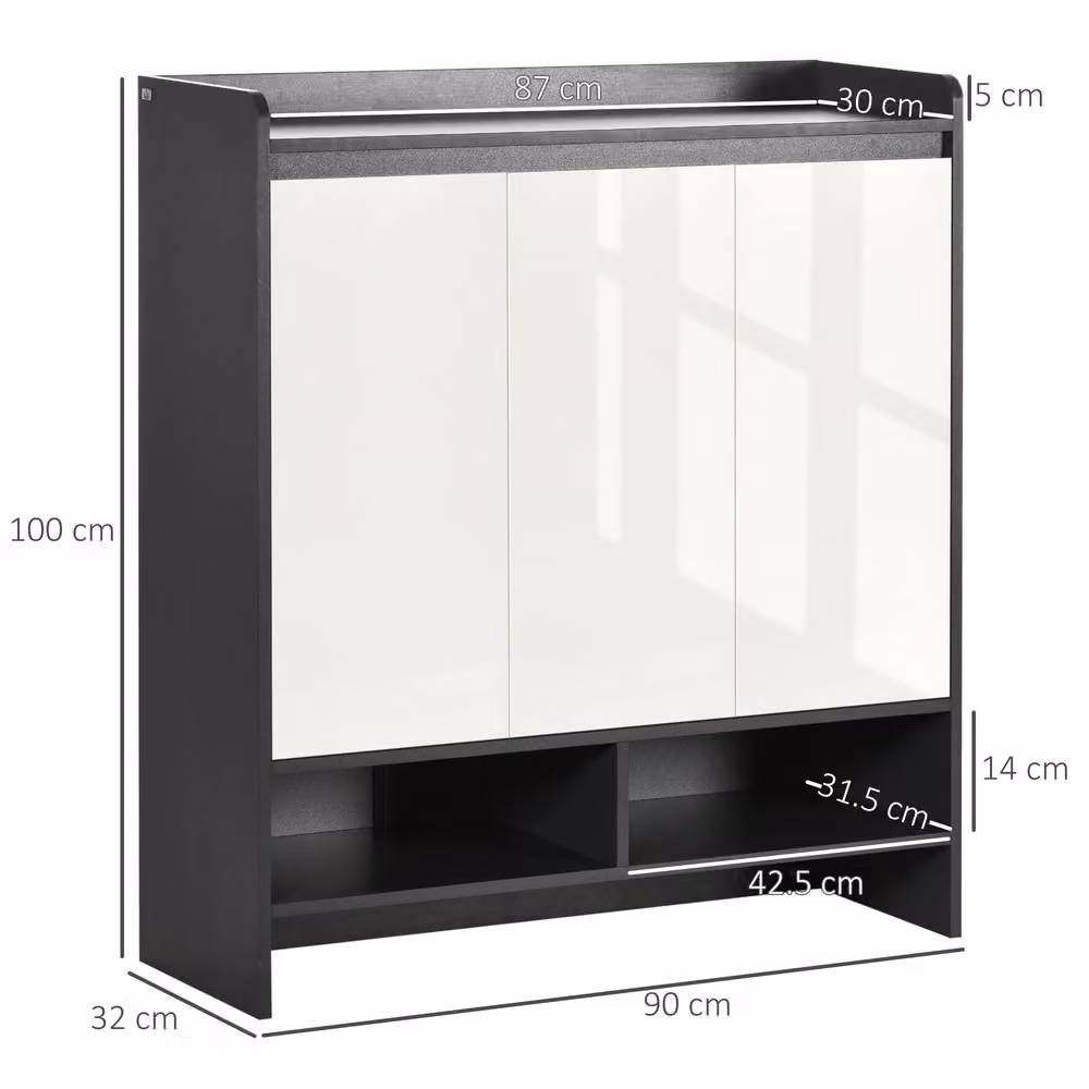 ERGOVEXA Grey and White High Gloss Shoe Cabinet with Hinged Doors and Open Shelves, Holds 19 Pairs – 4