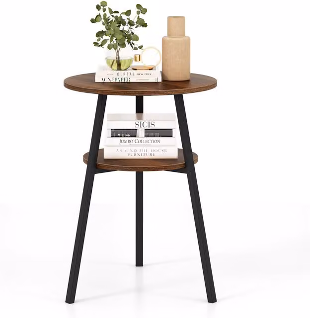 COSTWAY 2-Tier Round Bedside Table and End Table in Brown