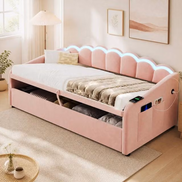 STILVORA Pink Velvet Upholstered Single Daybed with Storage, LED Lighting and USB Charging Station, W/D/H: 90 x 190 x 78 cm