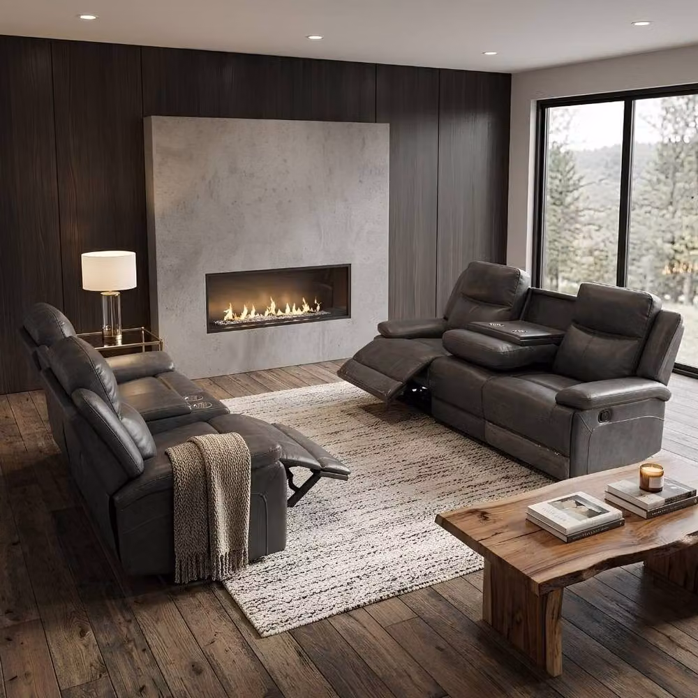 HOME LUXE INTERIOR Casper Grey Leather and Fabric 3 and 2 Seater Manual Recliner Sofa Set – 4