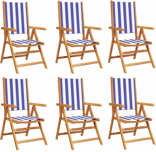 Berkfield Home Set of 6 Reclining Maritime Striped Garden Chairs in Blue and White Fabric with Acacia Wood Frames – 1