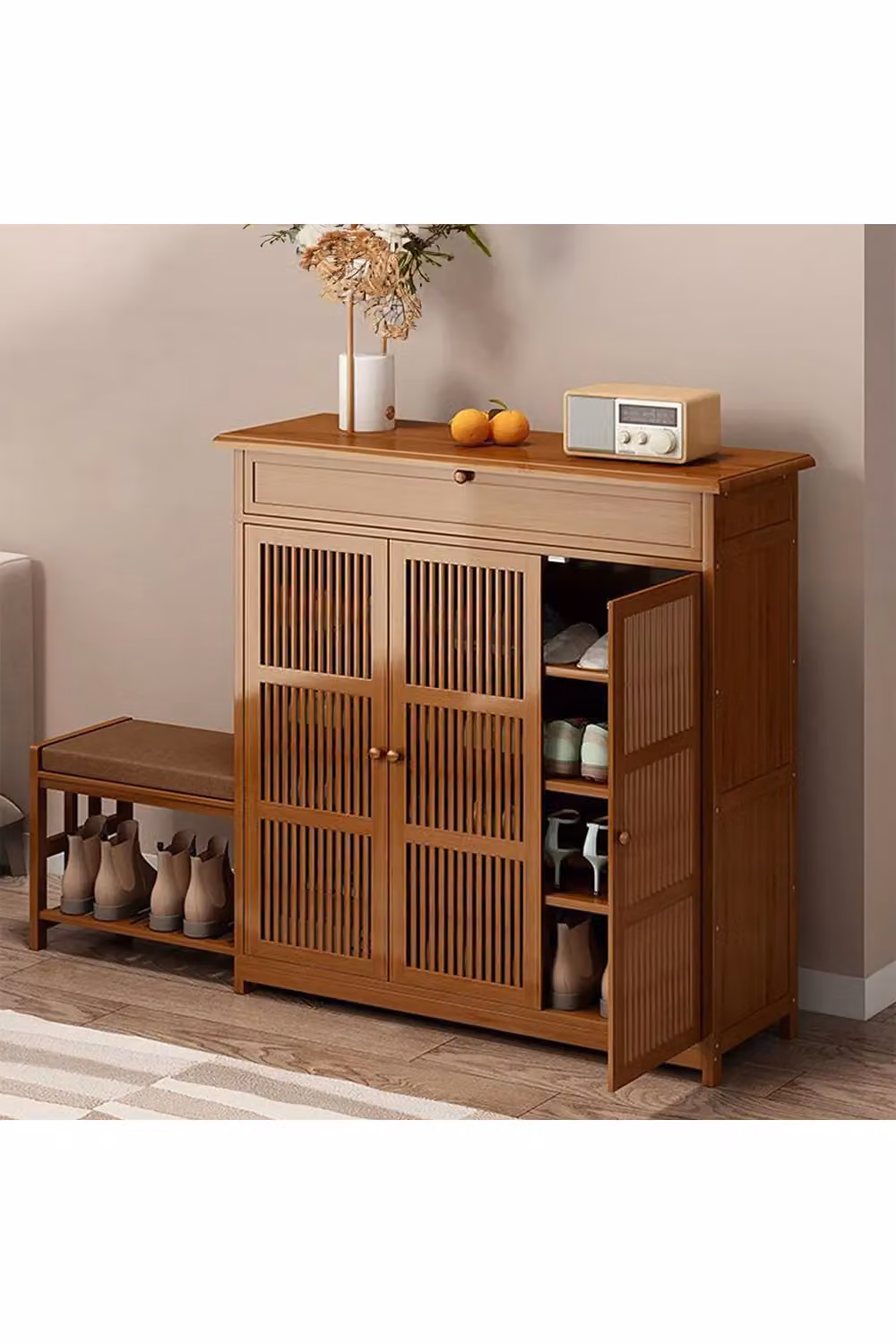 Living and Home Bamboo Entryway Shoe Cabinet with Bench in Brown – 2