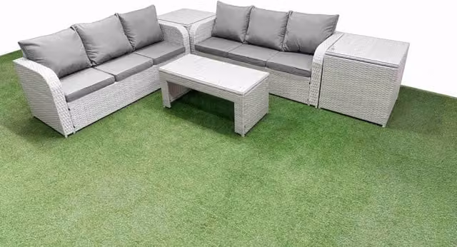 Fimous 6 Seater Rattan Garden Furniture Set in Light Grey with High Back Lounge Sofa, Oblong Coffee Table and 2 Side Tables