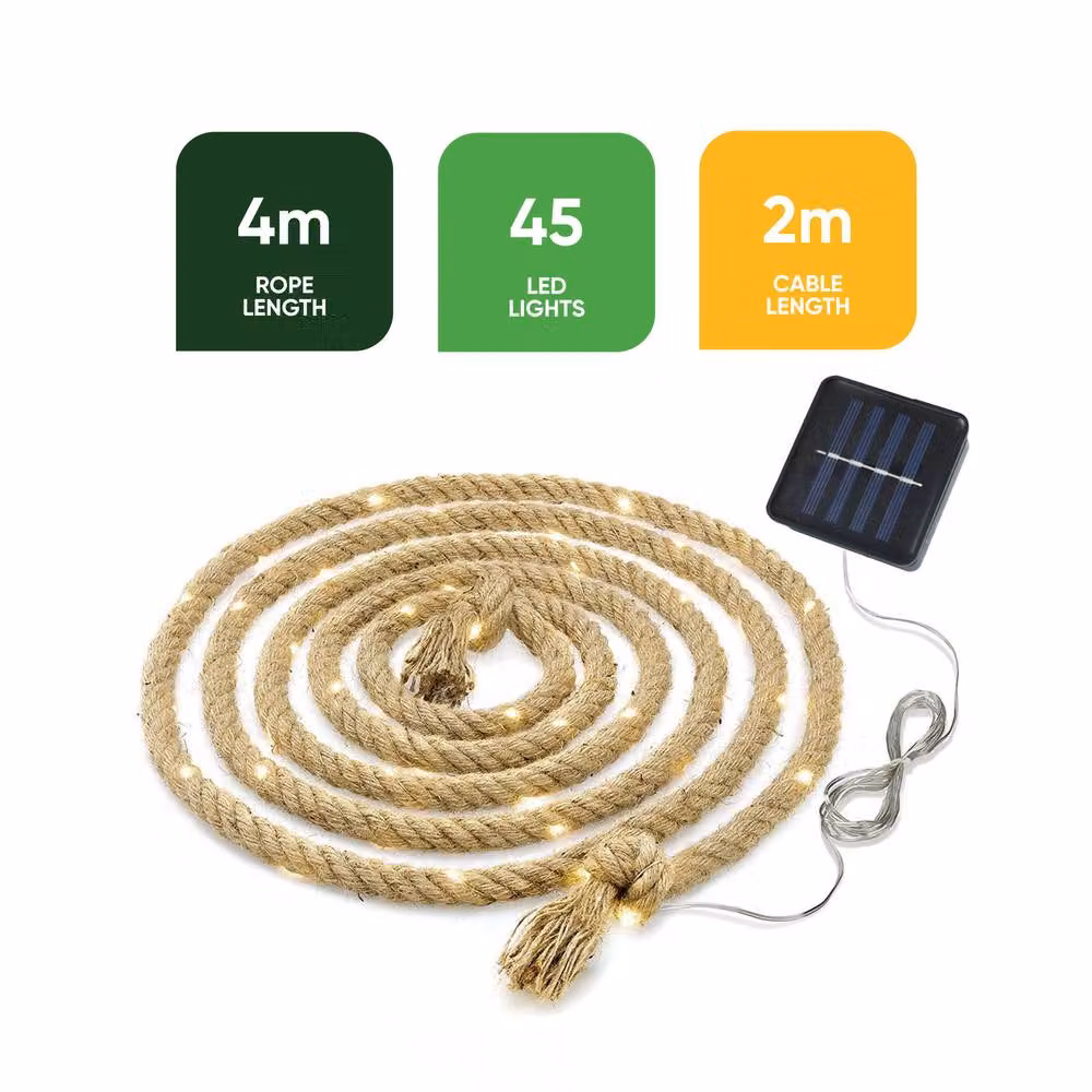 Gardenwize 4m Solar Powered Decorative Hemp Rope String Lights with 45 Warm White LEDs in Beige – 2