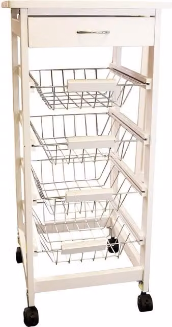 mysmartbuy White Kitchen Storage Trolley Cart with Countertop, Drawer, 4 Pull-Out Baskets and Locking Wheels, H80 x W37 x D37 cm