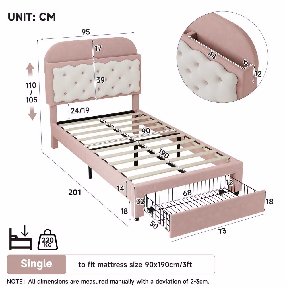Matteo Pink Velvet Single Bed Frame with Storage Drawers and Bedside Shelf, W/D/H: 90 x 190 cm – 2