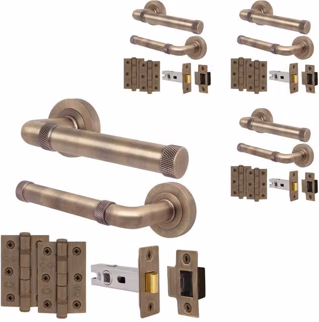 AFIT Antique Brass Door Handle Latch Set with Hinges, Bronze, 4 Pack