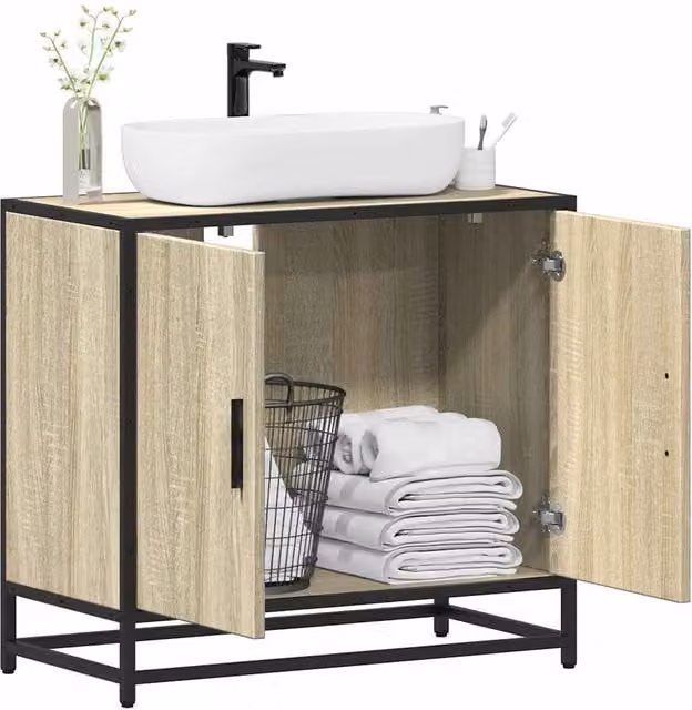Berkfield Home Sonoma Oak Bathroom Sink Cabinet in Brown, W/D/H: 65 x 33 x 60 cm – 1